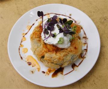Filo Spiral - pumpkin, cumin and spinach in a crispy filo spiral topped with coriander yoghurt dressing